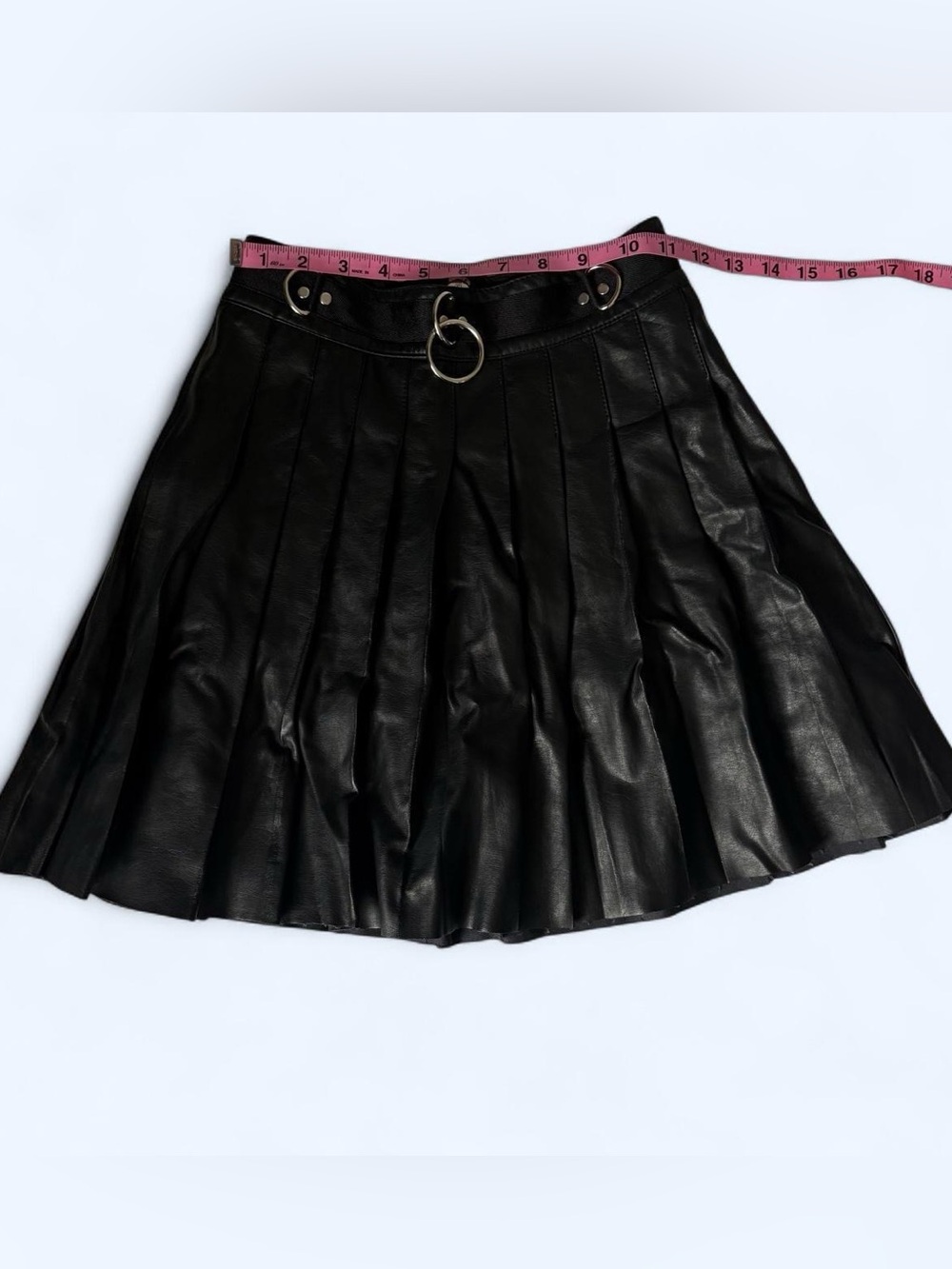 Current Mood Black Faux Leather Pleated Skater Skirt with O-Ring